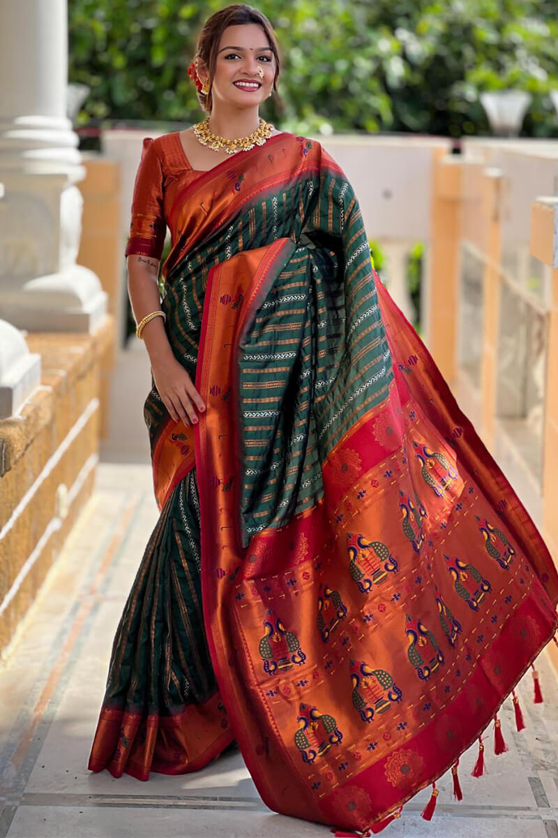 Elision Dark Green Paithani Silk Saree With Redolent Blouse Piece