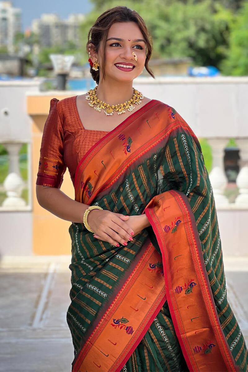 Elision Dark Green Paithani Silk Saree With Redolent Blouse Piece