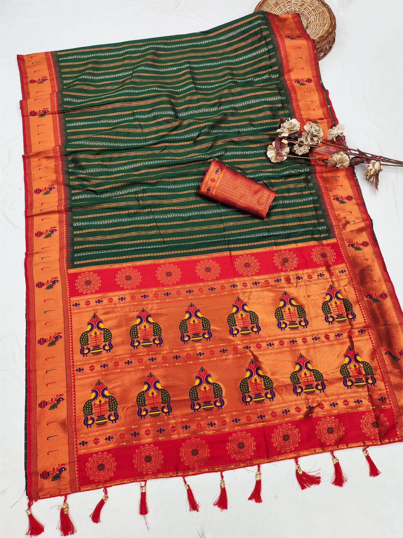 Elision Dark Green Paithani Silk Saree With Redolent Blouse Piece