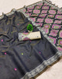 Comely Black Pure Munga Cotton Silk Saree With Hypnotic Blouse Piece