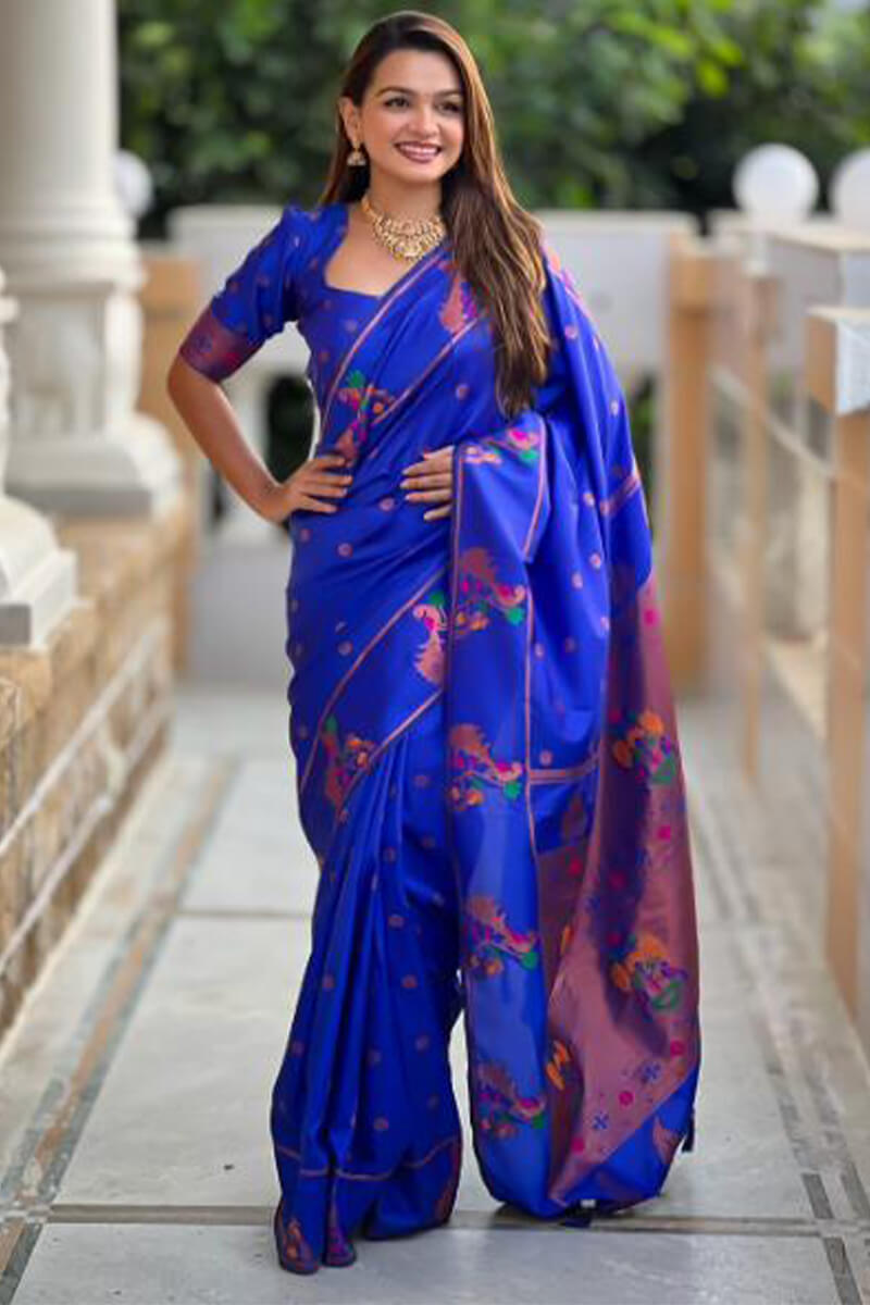 Demesne Royal Blue Paithani Silk Saree With Moiety Blouse Piece