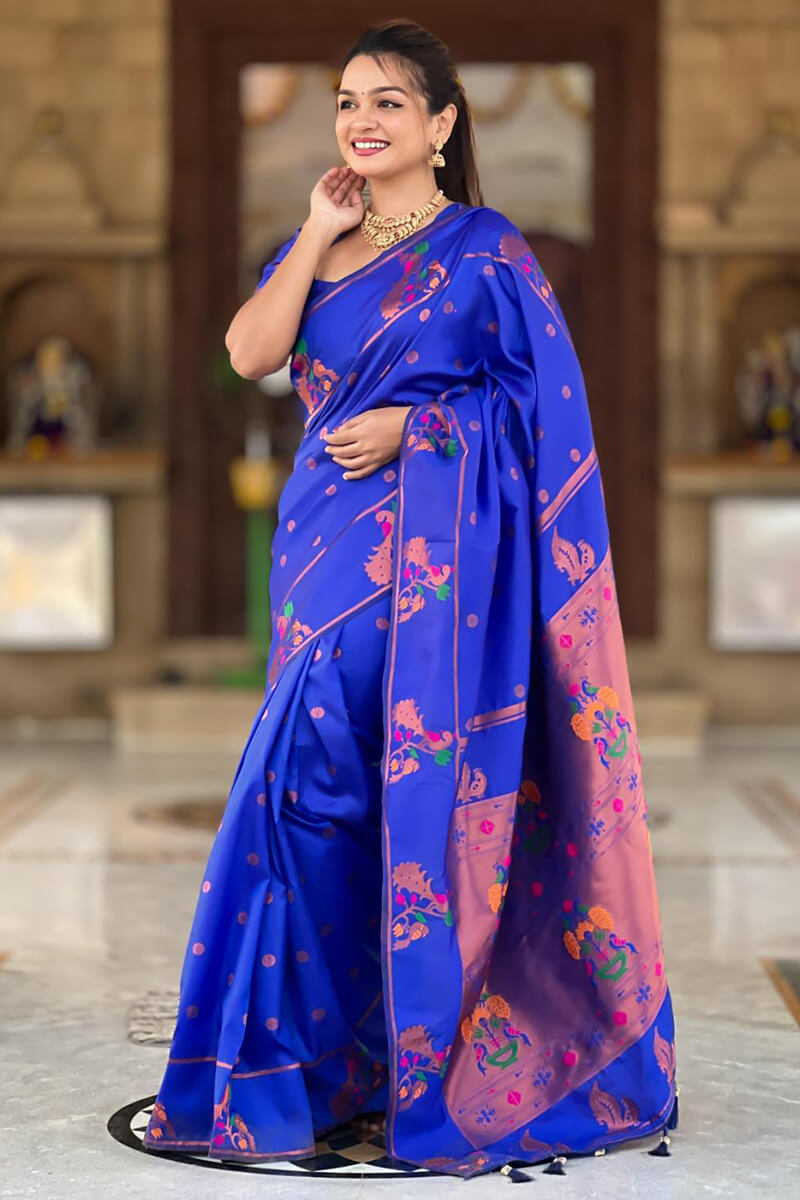 Demesne Royal Blue Paithani Silk Saree With Moiety Blouse Piece