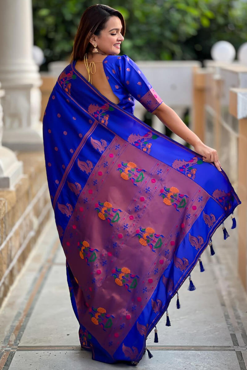 Demesne Royal Blue Paithani Silk Saree With Moiety Blouse Piece