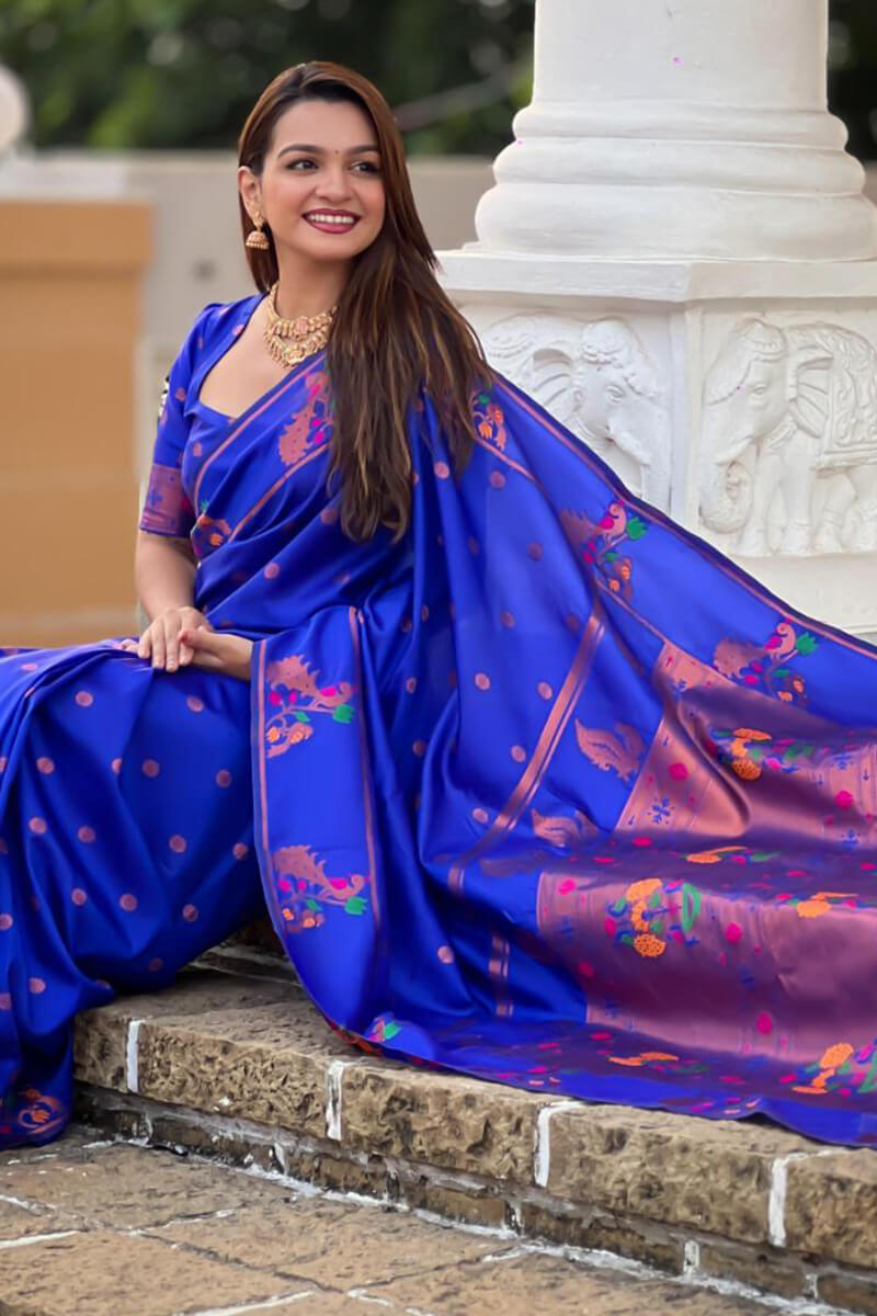 Demesne Royal Blue Paithani Silk Saree With Moiety Blouse Piece