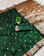 Effulgent Dark Green Soft Banarasi Silk Saree With Artistic Blouse Piece