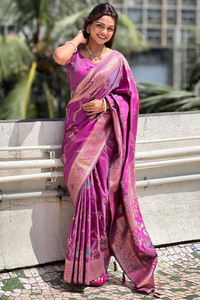 Adorable Purple Soft Banarasi Silk Saree With Inspiring Blouse Piece