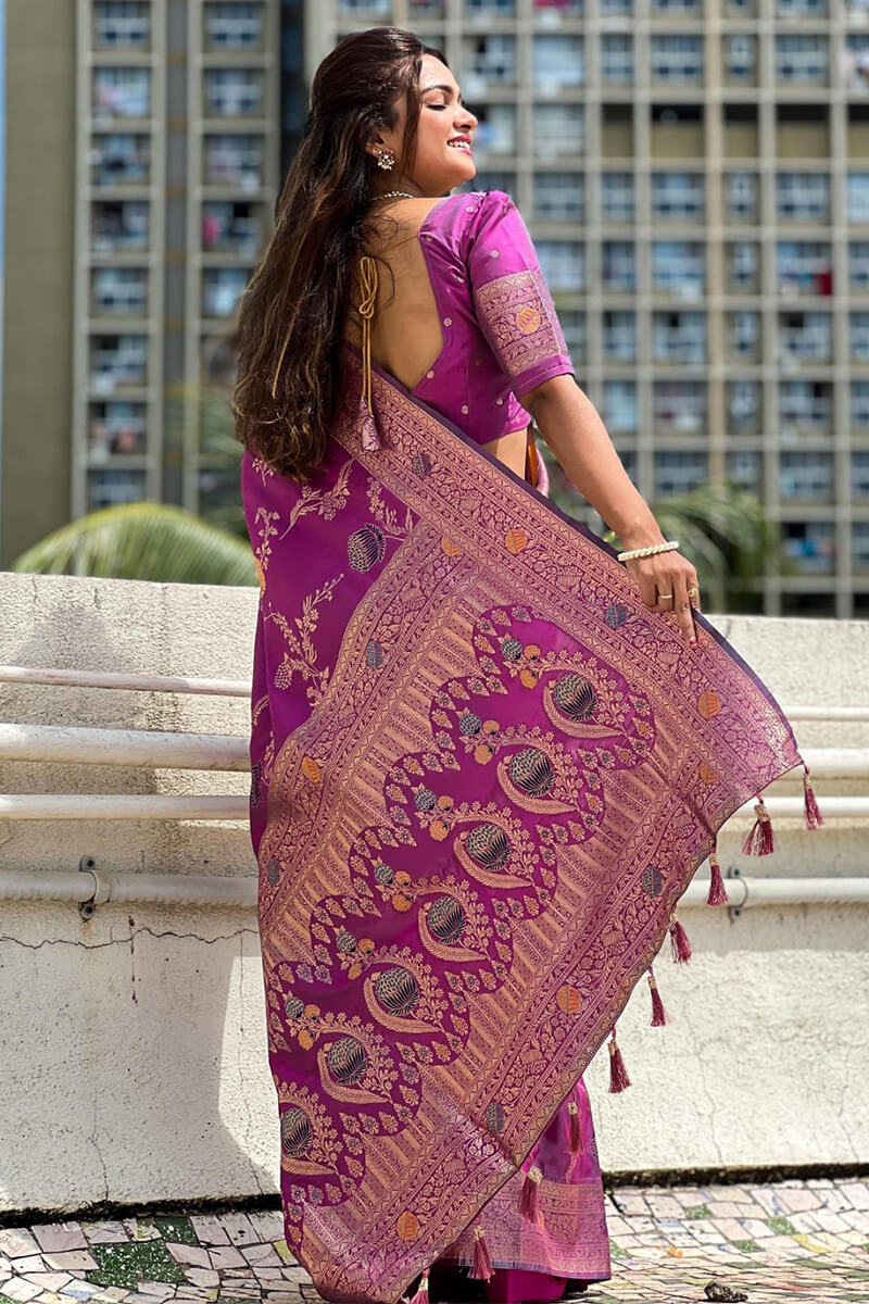 Adorable Purple Soft Banarasi Silk Saree With Inspiring Blouse Piece