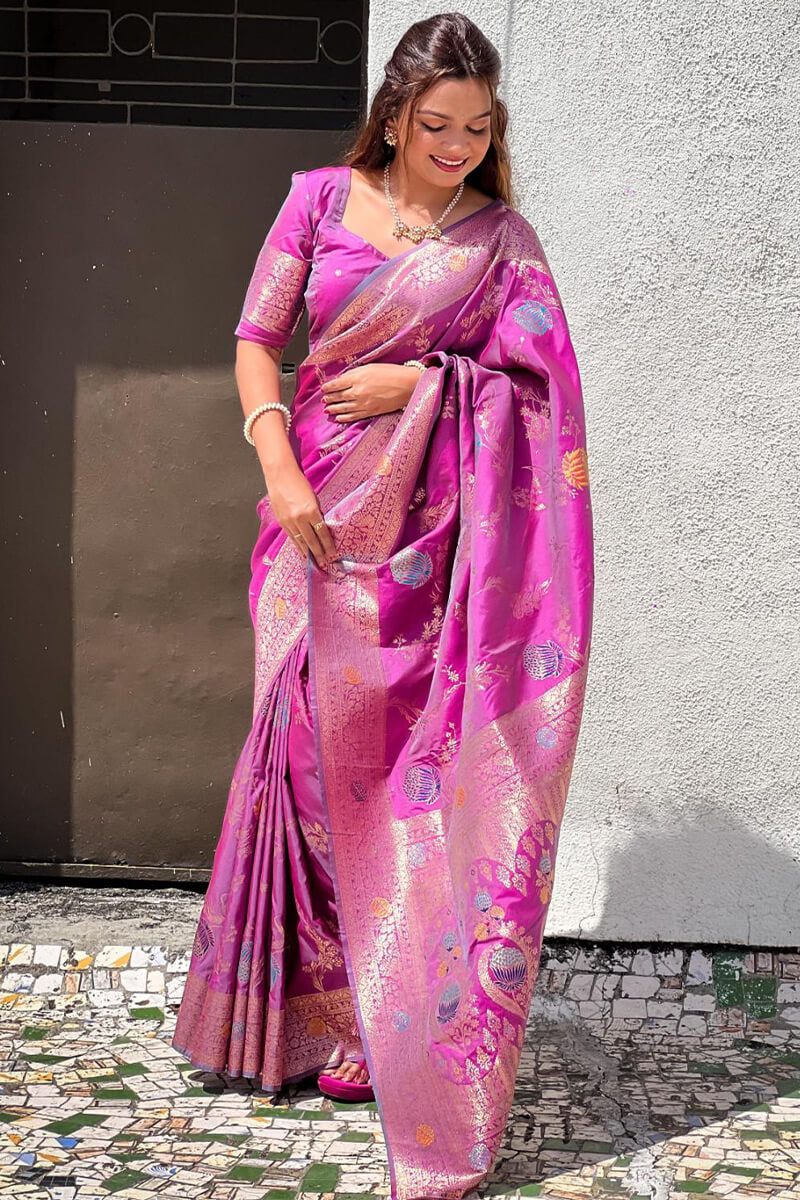 Adorable Purple Soft Banarasi Silk Saree With Inspiring Blouse Piece