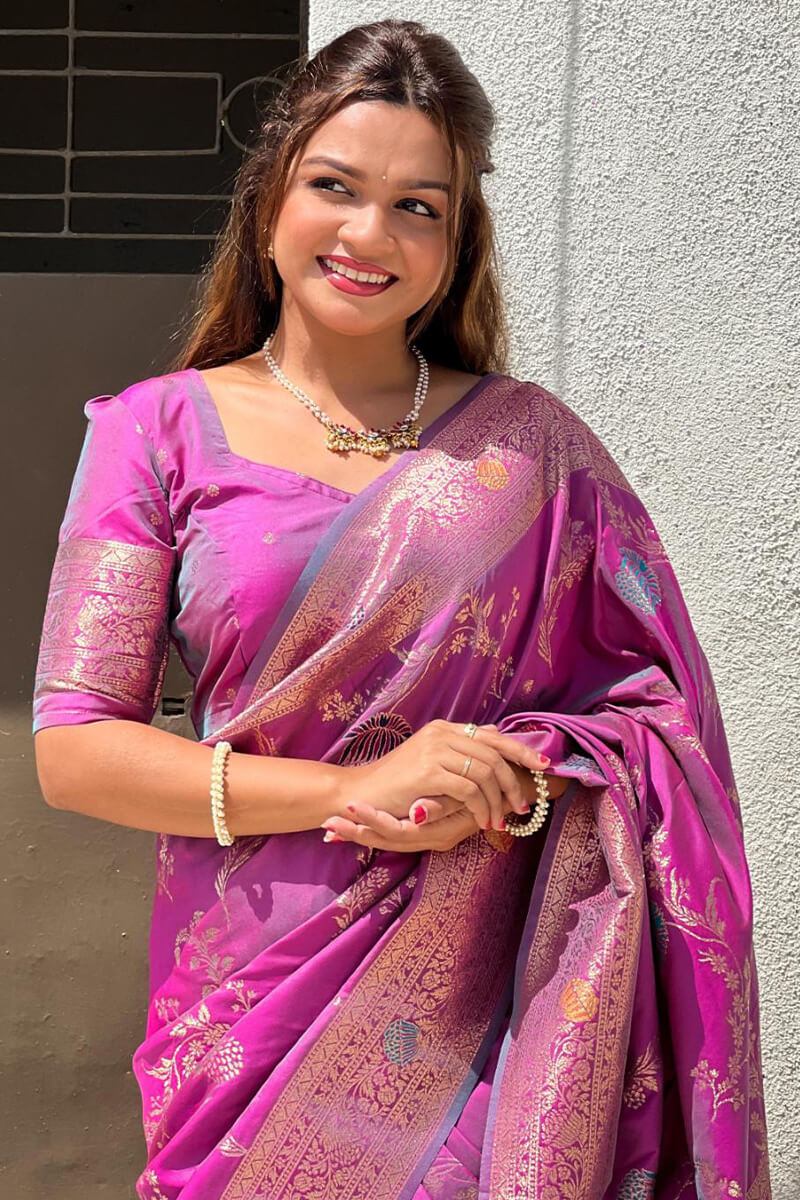 Adorable Purple Soft Banarasi Silk Saree With Inspiring Blouse Piece