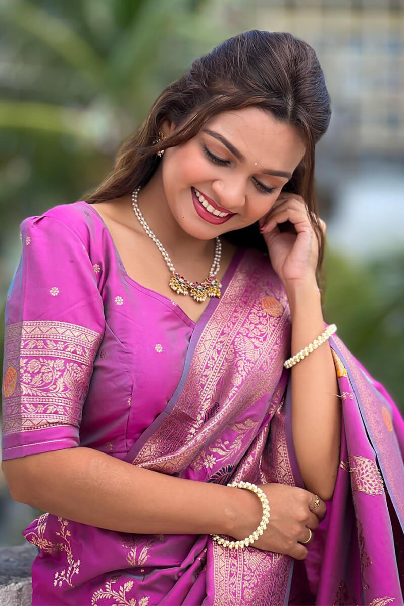 Adorable Purple Soft Banarasi Silk Saree With Inspiring Blouse Piece