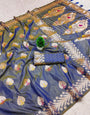 Marvellous Grey Soft Banarasi Silk Saree With Snappy Blouse Piece