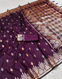 Efflorescence Wine Soft Banarasi Silk Saree With Snazzy Blouse Piece