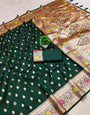 Staring Dark Green Soft Banarasi Silk Saree With Most Snappy Blouse Piece