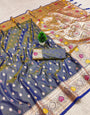 Denouement Grey Soft Banarasi Silk Saree With Posh Blouse Piece