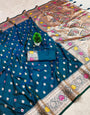 Exuberant Teal Blue Soft Banarasi Silk Saree With Twirling Blouse Piece