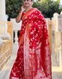 Desultory Red Soft Banarasi Silk Saree With Ebullience Blouse Piece