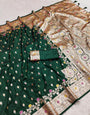 Elaborate Dark Green Soft Banarasi Silk Saree With Magnificat Blouse Piece