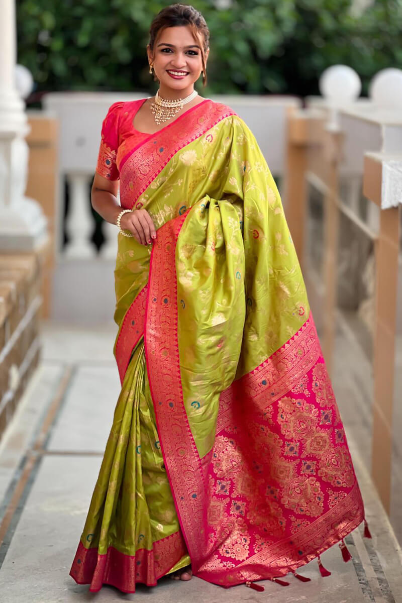 Ravishing Mehndi Soft Banarasi Silk Saree With Fairytale Blouse Piece