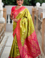 Ravishing Mehndi Soft Banarasi Silk Saree With Fairytale Blouse Piece