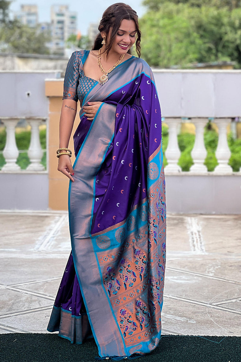 Excellent Royal Blue Paithani Silk Saree With Epiphany Blouse Piece