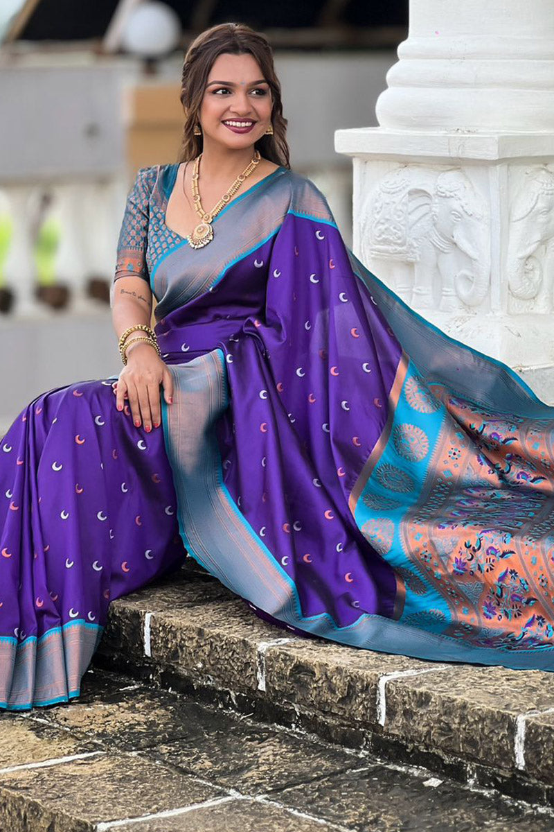 Excellent Royal Blue Paithani Silk Saree With Epiphany Blouse Piece