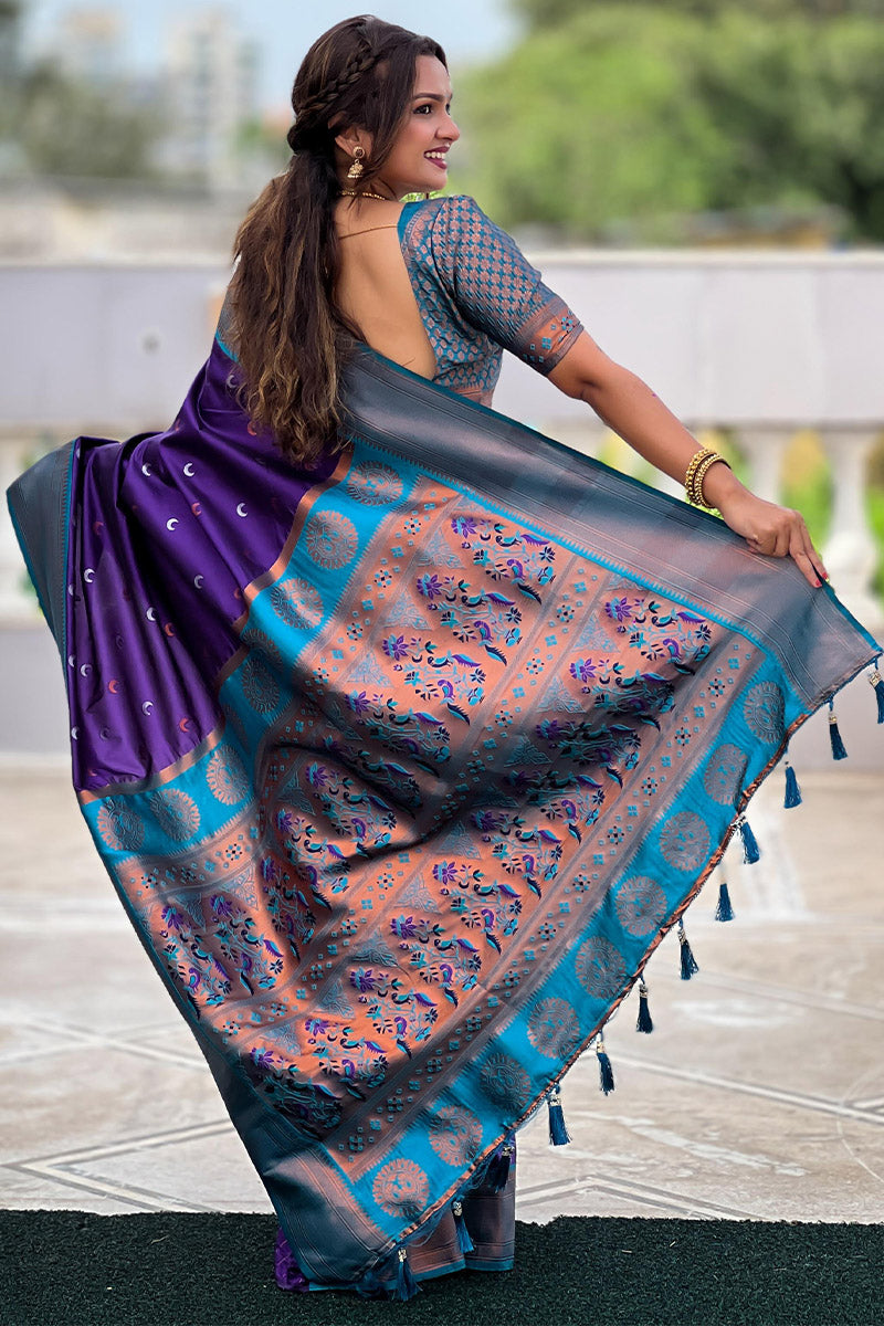 Excellent Royal Blue Paithani Silk Saree With Epiphany Blouse Piece