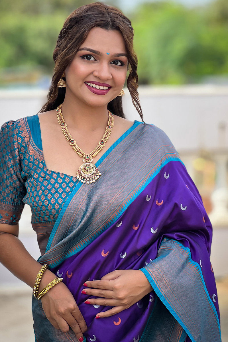 Excellent Royal Blue Paithani Silk Saree With Epiphany Blouse Piece