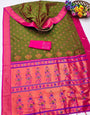 Efflorescence Mehndi Paithani Silk Saree With Ailurophile Blouse Piece