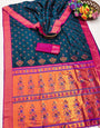 Brood Teal Blue Paithani Silk Saree With Gossamer Blouse Piece