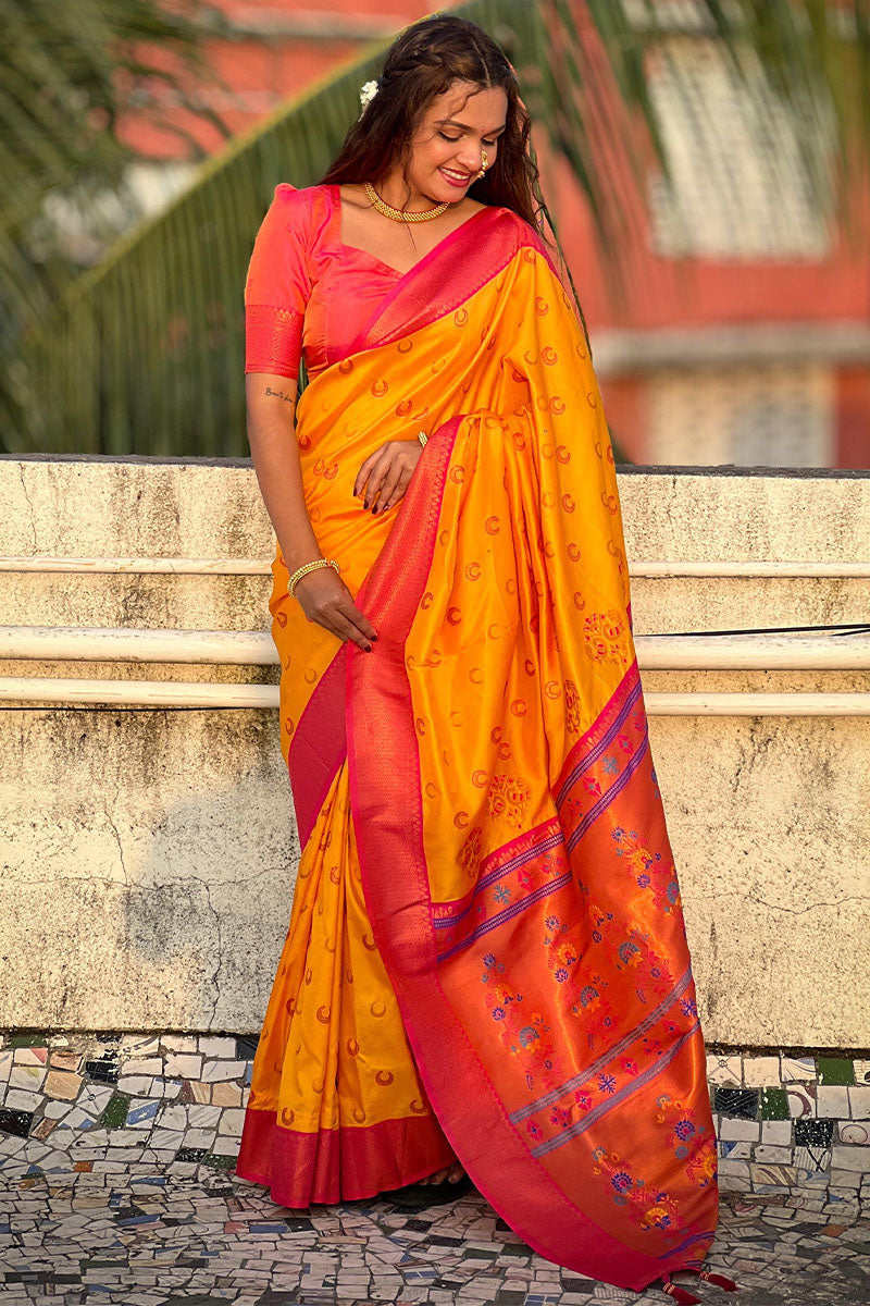 Effervescent Yellow Paithani Silk Saree With Assemblage Blouse Piece