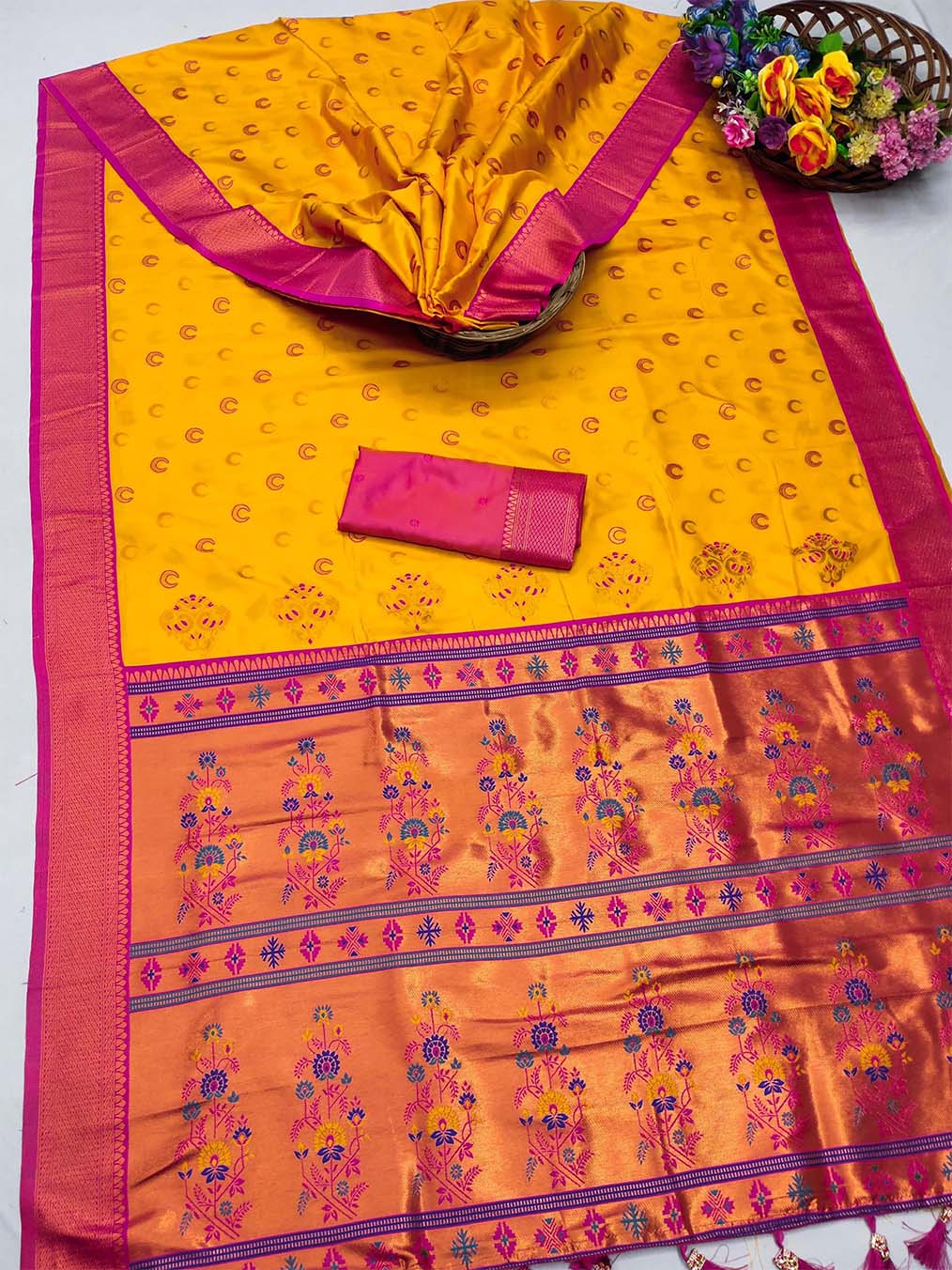 Effervescent Yellow Paithani Silk Saree With Assemblage Blouse Piece