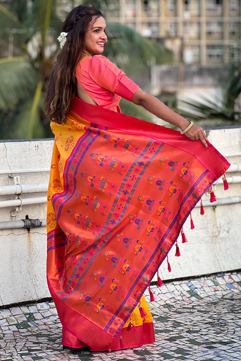 Effervescent Yellow Paithani Silk Saree With Assemblage Blouse Piece