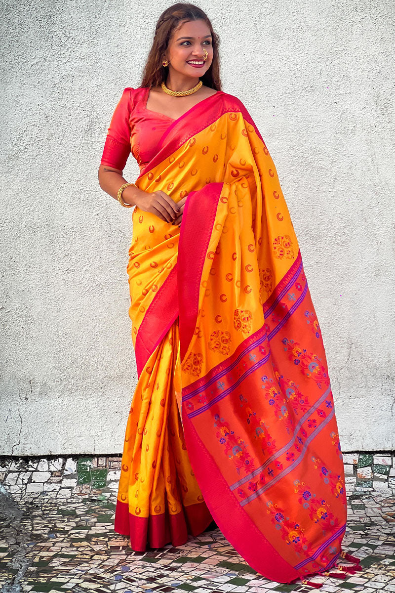 Effervescent Yellow Paithani Silk Saree With Assemblage Blouse Piece