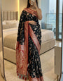 Exquisite Black Pure Zari Weaving Banarasi Silk Saree With Enamoring Blouse Piece