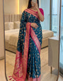 Most Flattering Blue Pure Zari Weaving Banarasi Silk Saree With Exceptional Blouse Piece