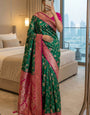 Vibrant Dark Green Pure Zari Weaving Banarasi Silk Saree With Mellifluous Blouse Piece
