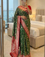 Scrumptious Green Pure Zari Weaving Banarasi Silk Saree With Dazzling Blouse Piece