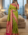 Eclat Mehndi Pure Zari Weaving Banarasi Silk Saree With Surpassing Blouse Piece