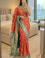 Opulent Orange Pure Zari Weaving Banarasi Silk Saree With Groovy Blouse Piece
