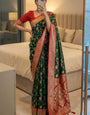 Evanescent Rama Pure Zari Weaving Banarasi Silk Saree With Eclat Blouse Piece