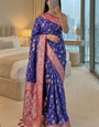 Exceptional Royal Blue Pure Zari Weaving Banarasi Silk Saree With Traditional Blouse Piece