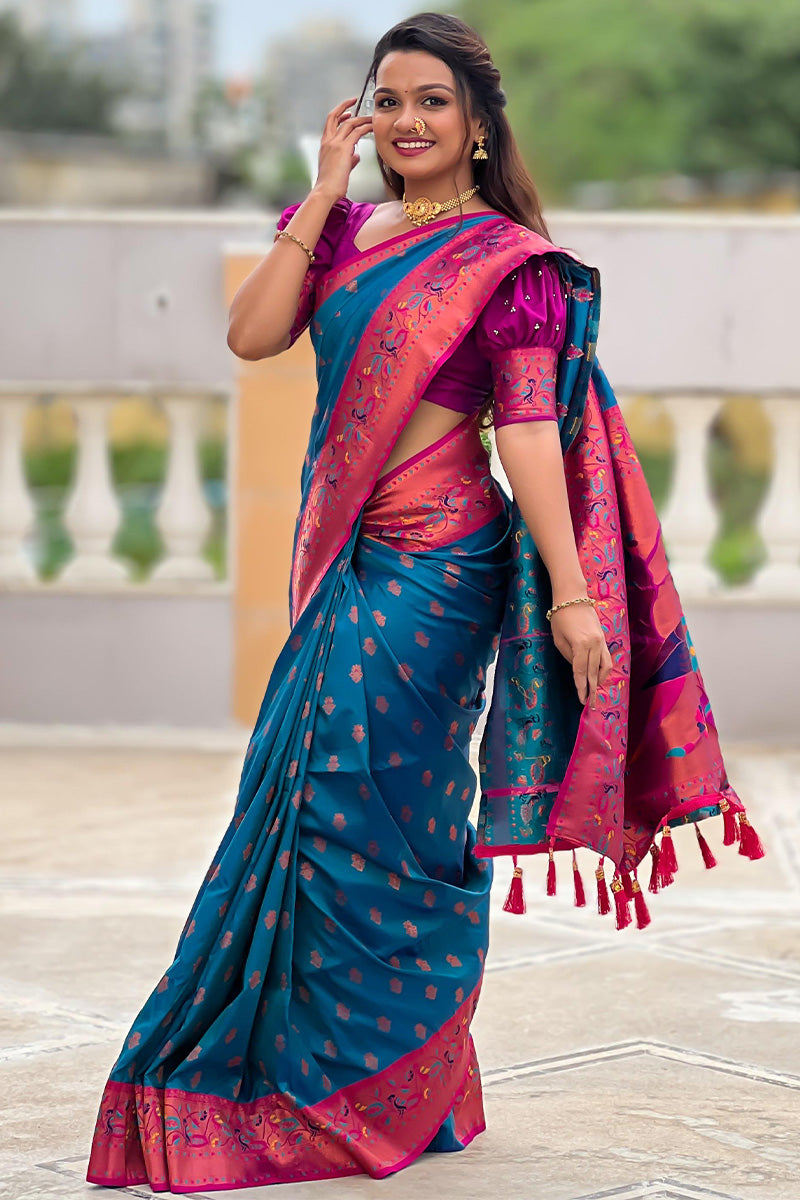 Conflate Firozi Paithani Silk Saree With Traditional Blouse Piece