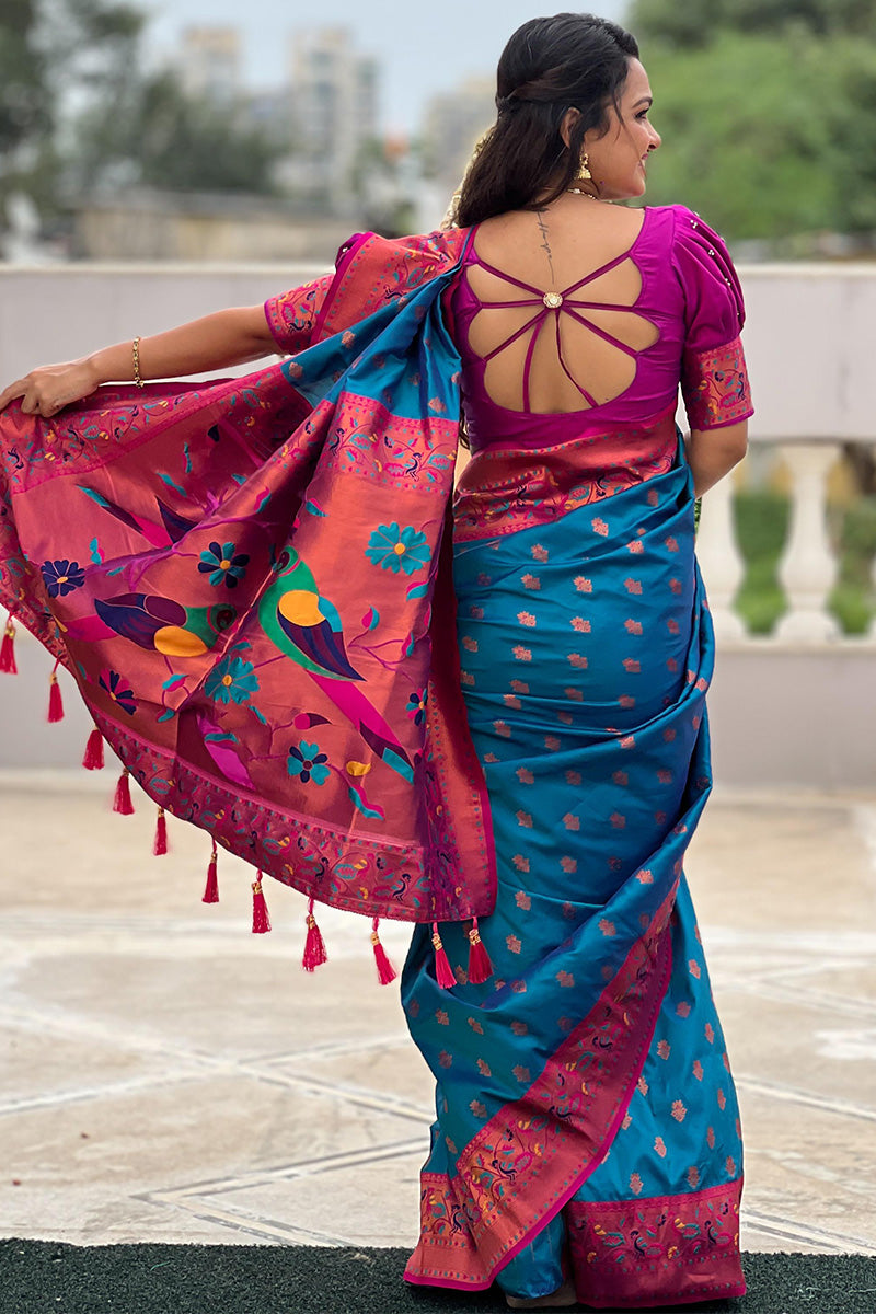 Conflate Firozi Paithani Silk Saree With Traditional Blouse Piece