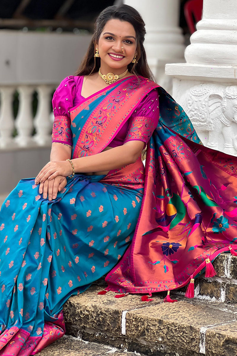 Conflate Firozi Paithani Silk Saree With Traditional Blouse Piece