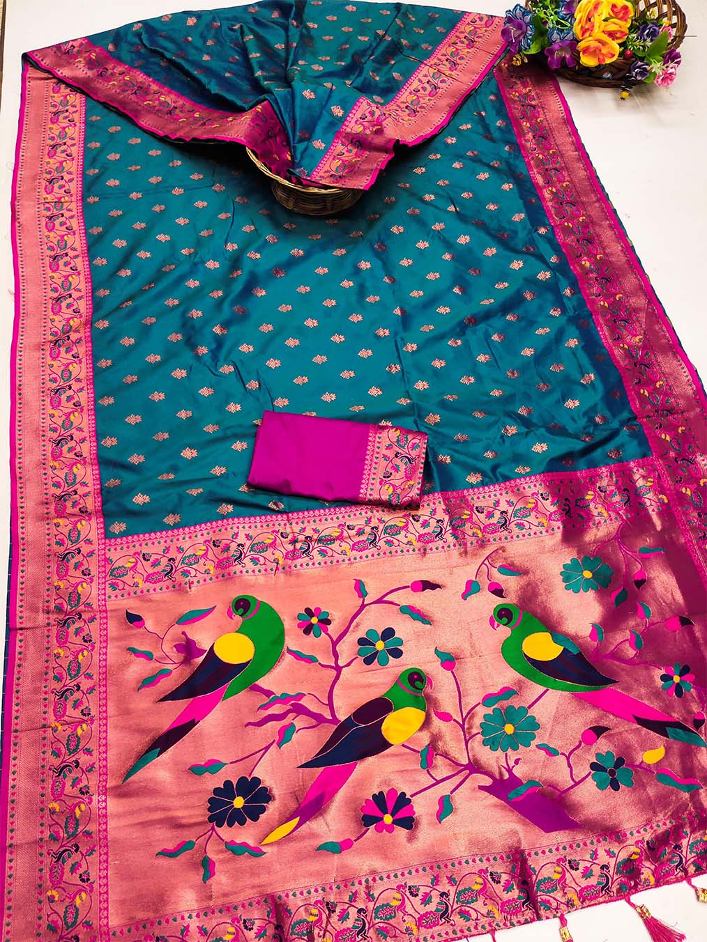 Conflate Firozi Paithani Silk Saree With Traditional Blouse Piece