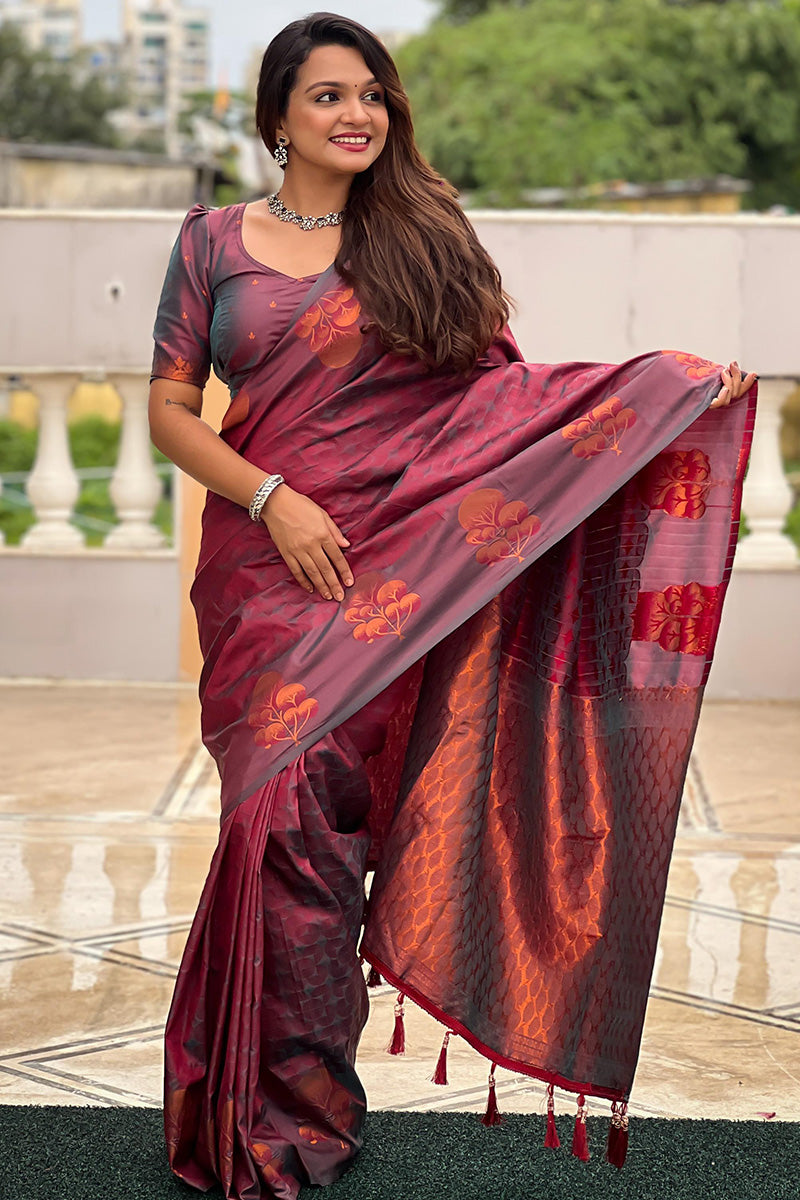 Impressive Wine Soft Banarasi Silk Saree With Flamboyant Blouse Piece