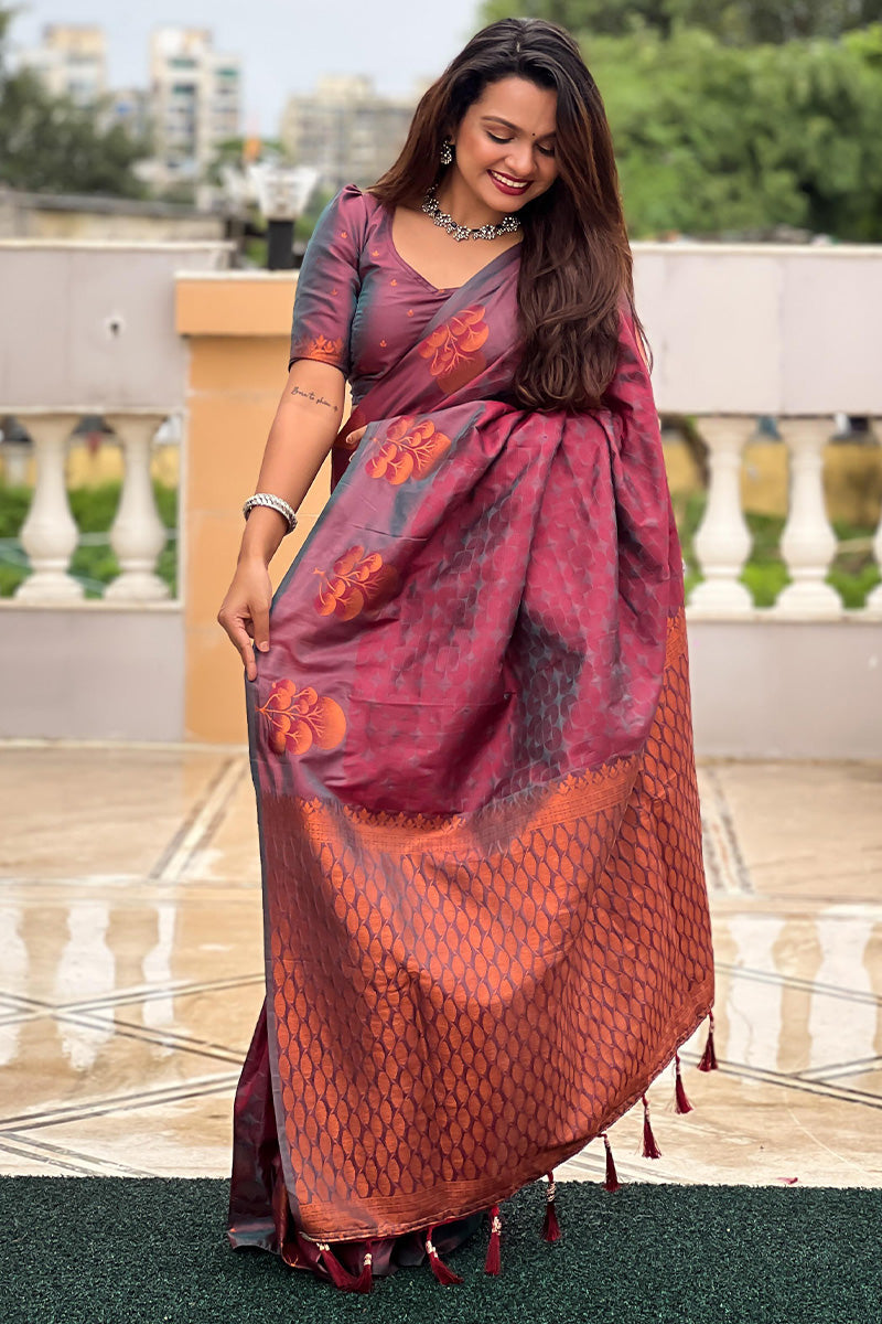 Impressive Wine Soft Banarasi Silk Saree With Flamboyant Blouse Piece