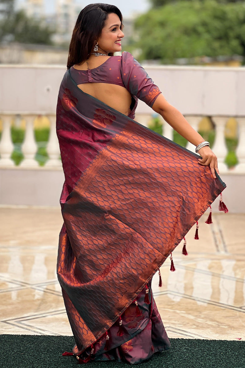 Impressive Wine Soft Banarasi Silk Saree With Flamboyant Blouse Piece