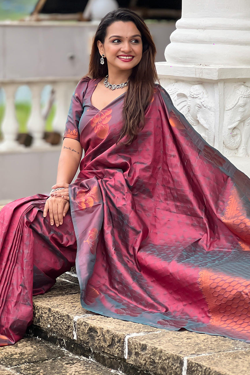 Impressive Wine Soft Banarasi Silk Saree With Flamboyant Blouse Piece