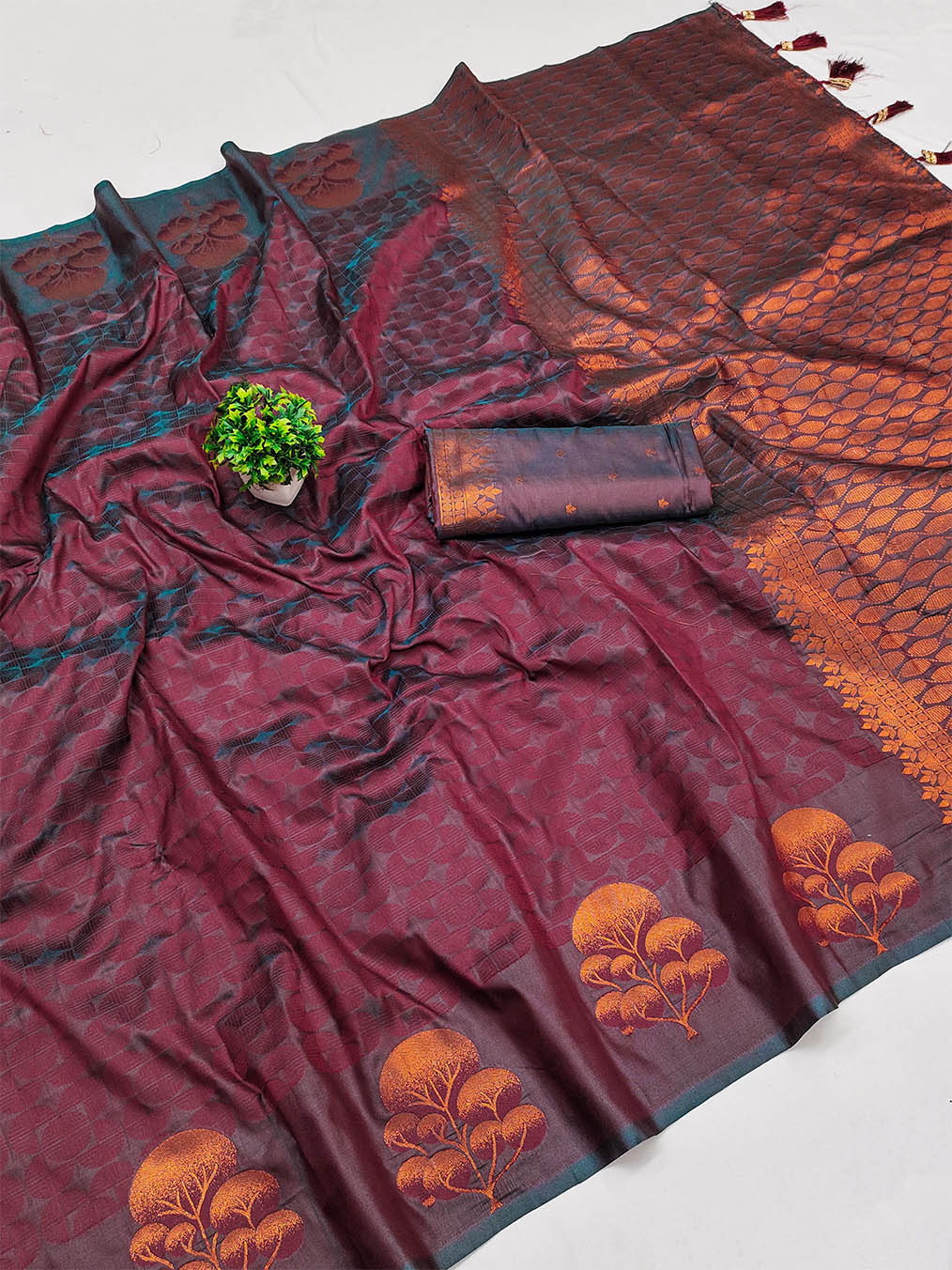 Impressive Wine Soft Banarasi Silk Saree With Flamboyant Blouse Piece